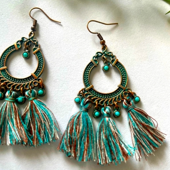 SALE! NEW Bohemian Turquoise Tassel Earrings - Picture 2 of 4